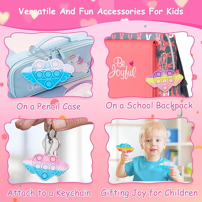 30 Pcs Valentines Day Gifts for Kids Heart Pop It Fidget Keychain Toys with Valentine's Cards for Classroom Exchange, Party Favors, Goody Bag Fillers, and Valentine's Day Party Supplies