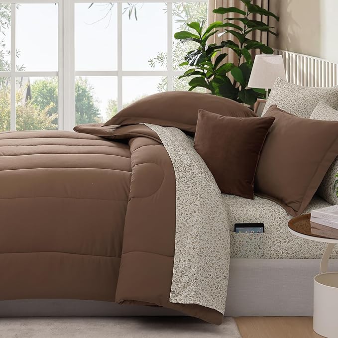Monbix King Size Comforter Set - 7 Pieces Bed in a Bag King, Brown Track Stitching Bedding Sets, All Seasons Comforter Bed Set with Sheets