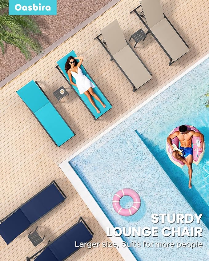 Aluminum Chaise Lounge Outdoor Set of 2, Foldable & Assembly Free Patio Pool Lounge Chairs 5-Position Recliner for Outside Poolside, Fully Grounded Legs Sun Lounger for Beach, Yard, Navy Blue