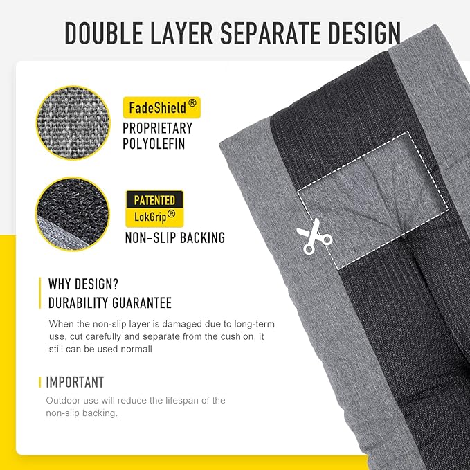 SUNROX LokGrip Non Slip Tufted Memory Foam Bench Cushion, FadeShield Water Resistant Durable Thicken Outdoor/Indoor Bench Seat Pads 54x16x4 inch, Heather Charcoal