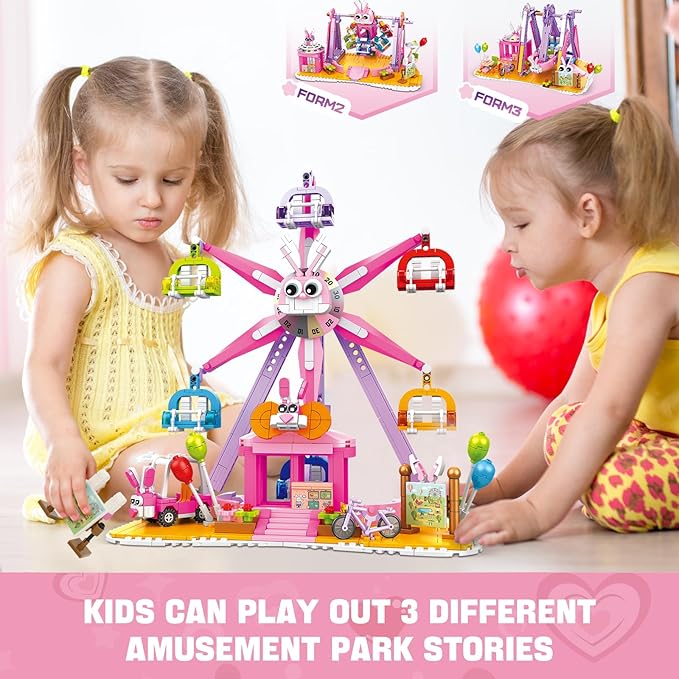 3 in 1 Easter Bunny Amusement Park Building Set, 823 PCS Rebuildable Ferris Wheel Rocking Hammer & Boat, Compatible with Lego Friends, Ideas Birthday Gift Toy for Kids Girls Age 6-12