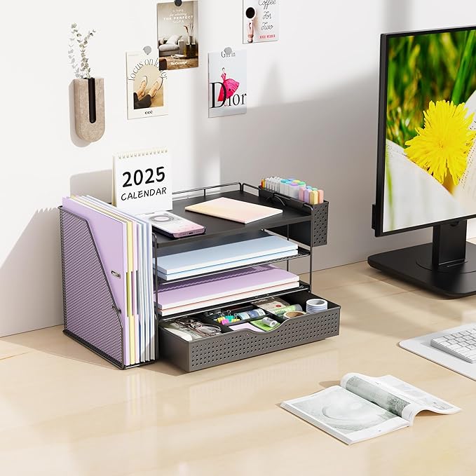 gianotter Wood Desk Organizers and Accessories with File Holder, 4-Tier Desk Accessories & Workspace Organizers with Drawer and Pen Holder, Paper Organizer for Office Supplies (Black)