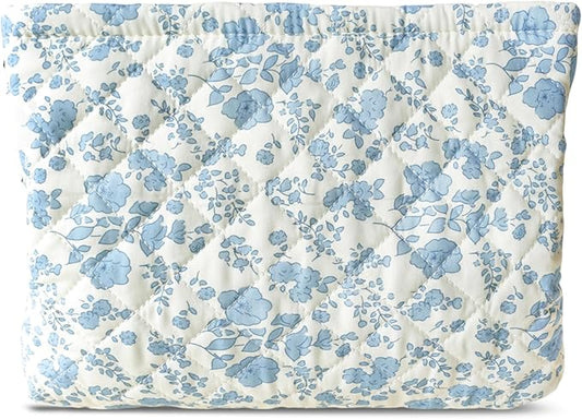 HAPPYHEIDI Cotton Quilted Makeup Bag Cosmetic Toiletry Travel Pouch Purse accessory Organizer, Little Blue Orchids