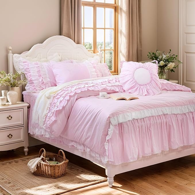 Helthep Pink Ruffle 3Pcs Duvet Cover Set King, 100% Cotton Girls Bedding Set Princess Lace Patchwork Soft Breathable Washed Cotton, (1 Duvet Cover + 2 PillowShams, Comforter Not Included)