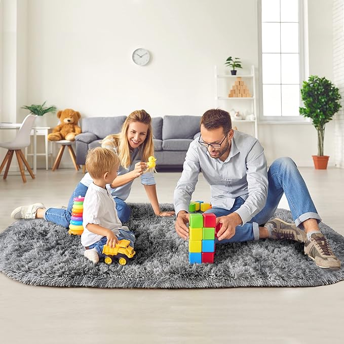 Noahas Oval Fluffy Grey Rainbow Rug 2.6X5.3 Small Kids Rugs for Bedroom Girls And Boys Aesthetic,Bedside Bedroom Rug,Ultra Soft Runner Carpet Modern Shaggy Nursery Area Rugs Home Deco