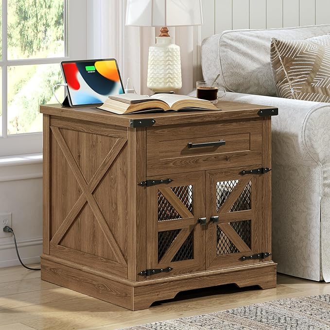 Walnut Farmhouse End Table with Charging Station, 24" Large Sofa Side Table with Drawer, Large End Table for Living Room, Wooden Nightstand with Outlet, Square, Walnut