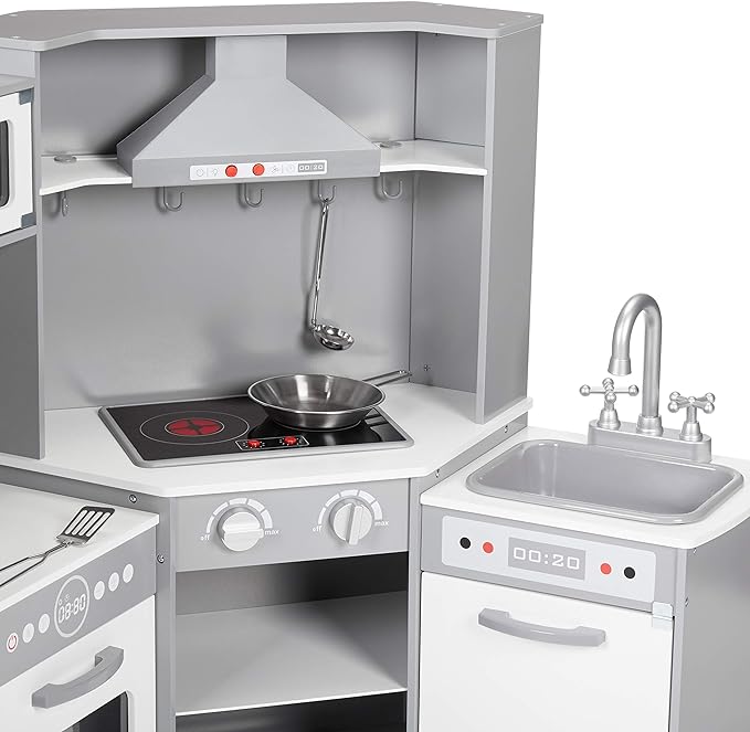 Amazon Basics Kids Corner Wooden Kitchen Toy Playset with Stove, Oven, Sink, Fridge and Accessories, for Toddlers, Preschoolers, Children Age 3+ Years, White & Gray, 39.37"L x 28.35"W x 35.04"H