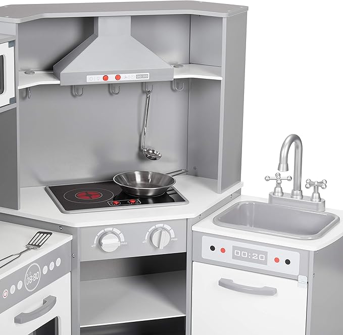 Amazon Basics Kids Corner Wooden Kitchen Toy Playset with Stove, Oven, Sink, Fridge and Accessories, for Toddlers, Preschoolers, Children Age 3+ Years, White & Gray, 39.37"L x 28.35"W x 35.04"H