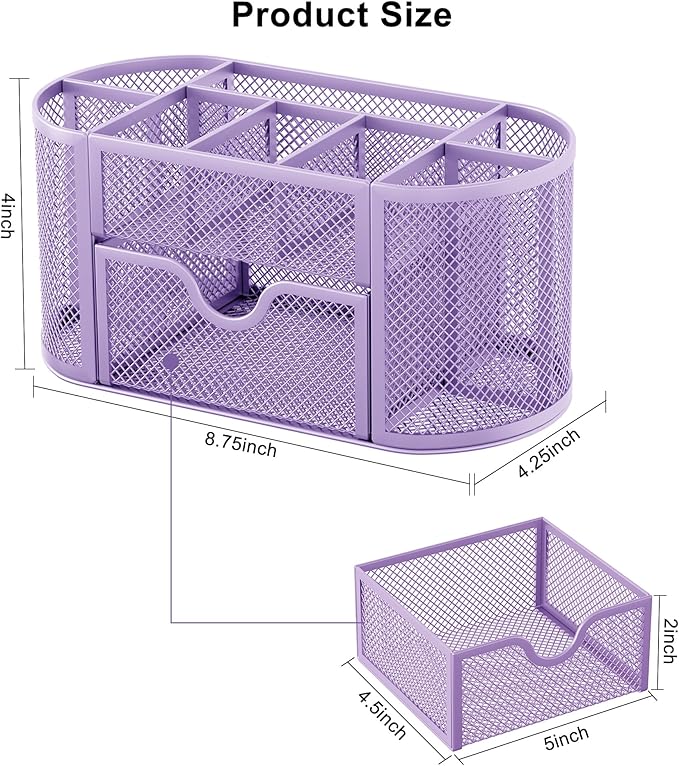 EasyPAG Mesh Pen Holder Desk Organizer with Drawer Stationery Supplies Organizer for Dorm School 9 Compartments Workspace Desk Accessories Organization for Office (Light Purple)