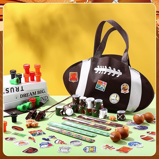 Aoriher 158 Pcs Football Party Favors Set Bulk Sport Non Woven Gift Bags Slap Bracelets Mini Bouncy Balls Toy Whistle Keychains Sticker Stampers for Sport Party Supplies(Football)