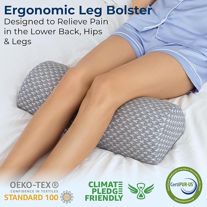 5 STARS UNITED Knee Pillow for Back Sleeping – Memory Foam Cushion for Sciatica Pain Relief – Under Leg Support for Sleeping on Back – Half Moon Bolster for Bed, Gray