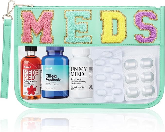 BuyCard Chenille Letter Clear Medicine Bags, Makeup Meds Bags, Preppy Patch Cosmetic Bag with Zipper and Wristlet, Waterproof PU&PVC Toiletry Medicine Storage Case, Portable Travel Drugs Pills Pouch