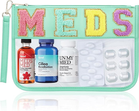 BuyCard Chenille Letter Clear Medicine Bags, Makeup Meds Bags, Preppy Patch Cosmetic Bag with Zipper and Wristlet, Waterproof PU&PVC Toiletry Medicine Storage Case, Portable Travel Drugs Pills Pouch