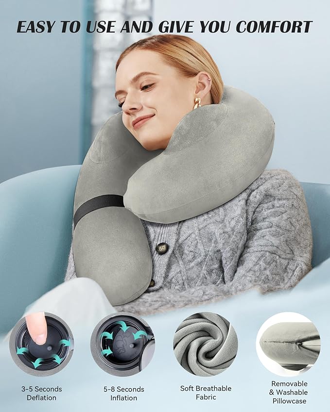 BLABOK Inflatable Neck Pillow for Travel, Travel Pillow Support Head and Neck, Travel Neck Pillow for Airplane,Train,Car,Office,Home,Washable Cover (Grey)
