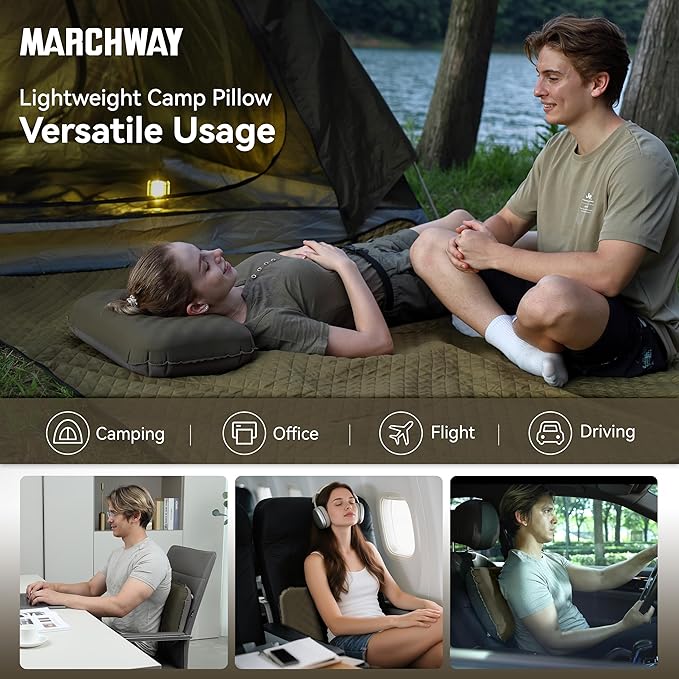 MARCHWAY Inflatable Camping Pillow with Soft Foam Top & TPU Air Bladder, Dual-Sided Support for All-Season, Lightweight Compact Travel Pillow for Hiking, Backpacking, Airplane, Car (Green)
