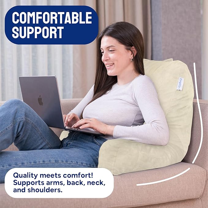 ComfortSpa Reading Pillow for Bed Adult Size, Back Rest Pillow with Arms, Pockets and Washable Cover; Use as a Back Pillow for Sitting in Bed for Bedrest or Relief from GERD Heartburn (Large Cream)