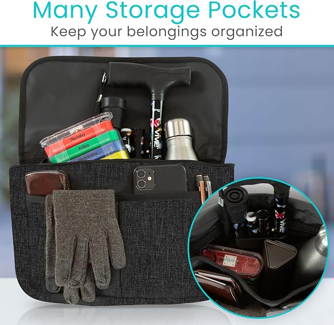 Vive Wheelchair Carry Bag - Arm Rest Pouch for Rollator, Walkers, Power Wheel Chairs and Knee Scooters - Side Storage Organizer for Elderly, Seniors, Adults (Black)