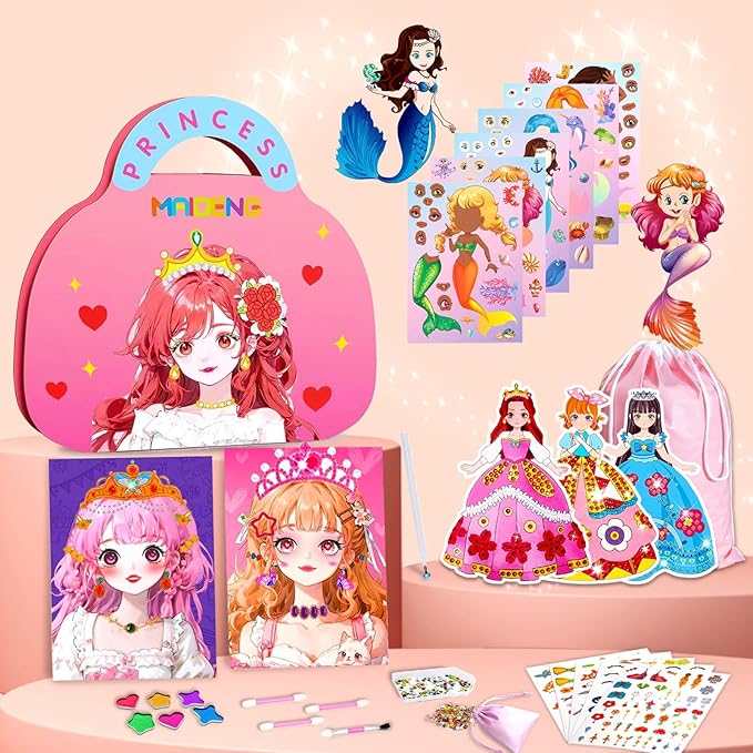 4-in-1 Dress Up Game Set, Princess Fantasy Makeup, Fashion Dress-Up Stickers, Mermaid Stickers & Diamond Painting, Creative Paper Art Craft Kits Toys, Ideal Birthday Gift for Girls Ages 4 5 6 7 8 9+