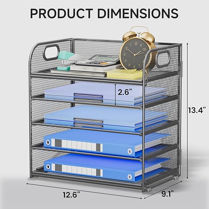 5-Tier Stackable Paper Organizer with Handle, Gray Metal Mesh Letter Tray | Modern Desk File Sorter for Office, Home & Classroom Organization