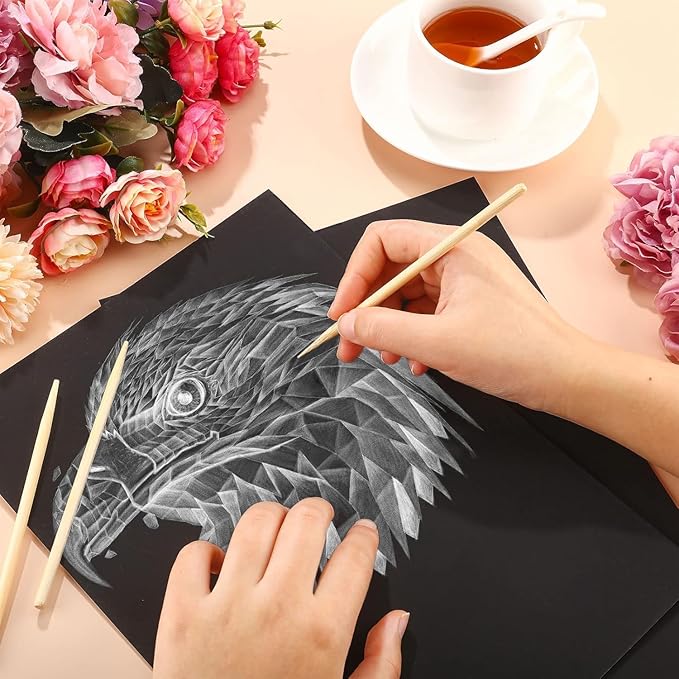 Gersoniel 50 Pieces Scratch Paper Art Set Craft Kits Black Coated Scratchboard Black Scratch Off Paper with Wooden Stylus for Valentine's Day Gifts Birthday Party Supplies