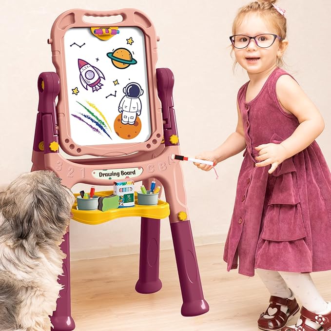 Kids Art Easel, Adjustable Drawing White Board & Chalk Board, Toddler Standing Easel with Painting Accessories, Gift for Girls Boy (Orange)