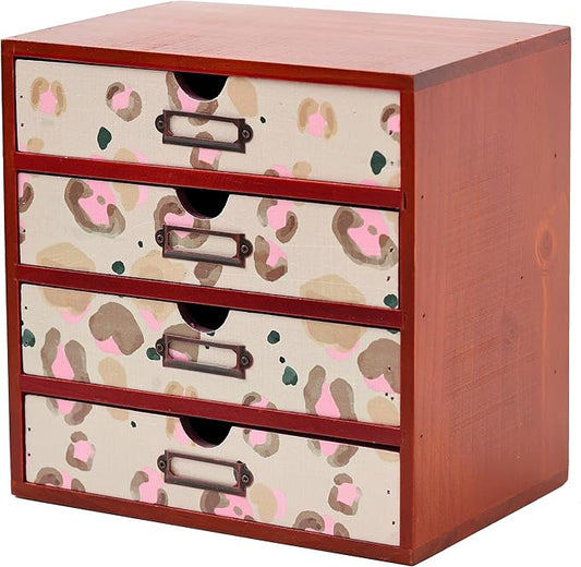Leopard Print Wooden Desk Organizer - Animal Pattern 4-Drawer Desktop Storage - Modern & Rustic Wood Cabinet for Office Supplies, Craft Tools, & Home Organization - Artistic Drawer Unit