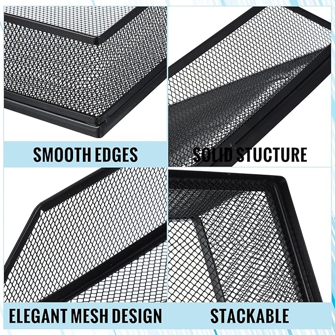 Hicarer 2 Pcs Black Metal Letter Tray Stackable Desk Tray Single Wire Mesh Organizer Front Load File Paper Holder for Desktop Office Home School Classroom (12.8 x 9.84 Inch)