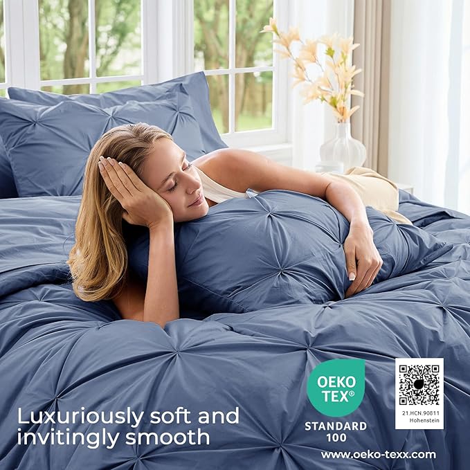 Sasttie King Size Comforter Set, 7-Piece Bed in a Bag, Pintuck Bedding Set for All Season, Includes Comforter, Flat Sheet, Fitted Sheet, Pillowcases and Pillowshams, Slate Blue