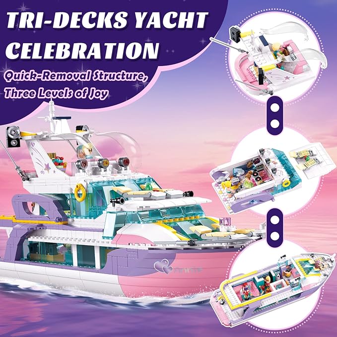 Friends Pink Yacht for Girls 8-12, Cruise Ship Building Toys with 8 Minifigures & 2 Boats, Compatible with Lego Friends Girls Ship, Gifts for Kids Girls Ages 8+, 1108 PCS