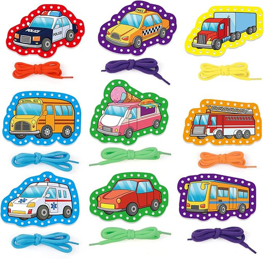 Aizweb Vehicle Lacing Cards,Sewing Kit for Toddlers, Fine Motor Skill Toys,Threading Toys for Preschoolers,Shoe Tying Practice Art and Craft for Kids Educational Kindergarten Learning Activities
