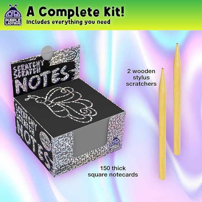 PURPLE LADYBUG Silver Holographic Scratch Art Mini Notes - Scratch Art Notes for Kids, Kids Games, Craft for Kids Summer Activities, Airplane Activities for Kids Ages 4-8, Camping Games for Kids