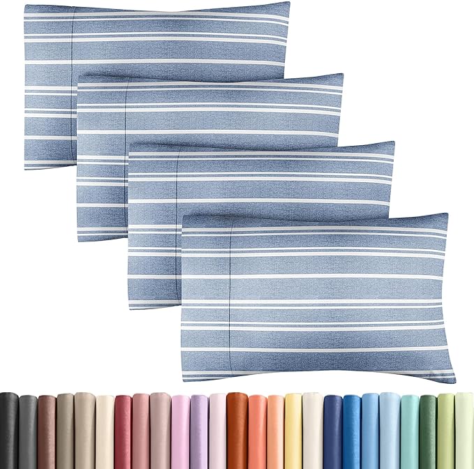 King Pillow Cases Set of 4 - Ultra Soft Hotel Quality Pillowcase Covers - Comfy, Cozy & Wrinkle Free - Shrinkage and Fade Resistant - Machine Washable Pillow Protectors - 4 Piece Set - Blue Stripes 3