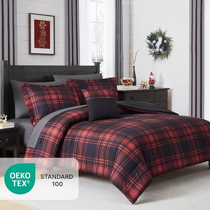 MaiRêve King Comforter Set, Classic Red Black Plaid Bedding Set 7 Pieces, Farmhouse Lightweight All Season Bed in a Bag with Sheets, Pillowcases & Shams