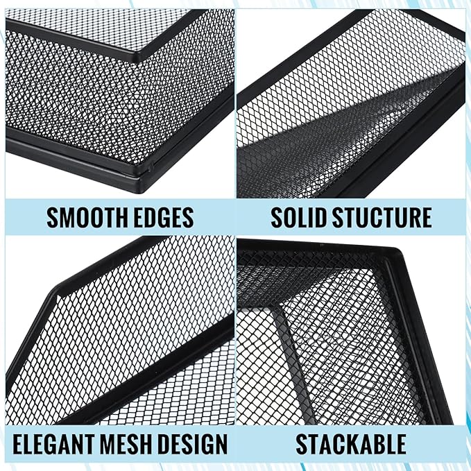 Hicarer 4 Pcs Black Metal Letter Tray Stackable Desk Tray Single Wire Mesh Organizer Front Load File Paper Holder for Desktop Office Home School Classroom (12.8 x 9.84 Inch)