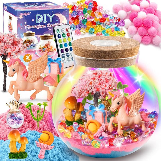 Hollyhi Light Up Terrarium Kit for Kids, DIY Unicorn Toys for 3 4 5 6 7 8 9 10 11 12 Year Old Girls Boys, Night Light Unicorn Terrarium Kit Arts and Crafts for Girls, Kids Christmas Birthday Gifts