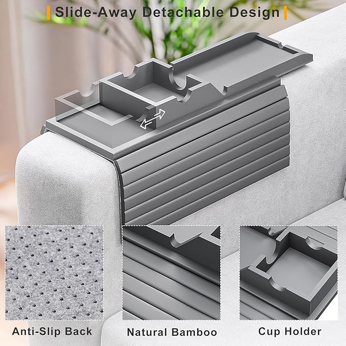 Bamboo Couch Armrest Table, Sofa Arm Tray with Detachable Couch Cup Holder- 2 in 1 Anti-Slip Foldable Sofa Armchair Caddy Table for Drinks Cellphone TV Remote Snacks (Gray)