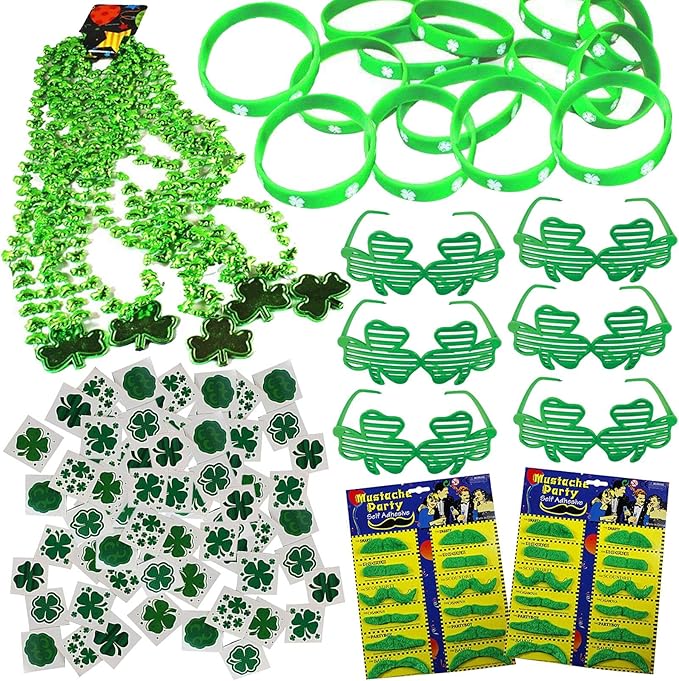 JOYIN 144 PCS St. Patrick's Day Dressing-up Accessories Set Party Favor with 12 Green Shamrock Eyeglasses 12 Beaded Necklace 72 Temporary Tattoos 24 Mustache 24 bracelets