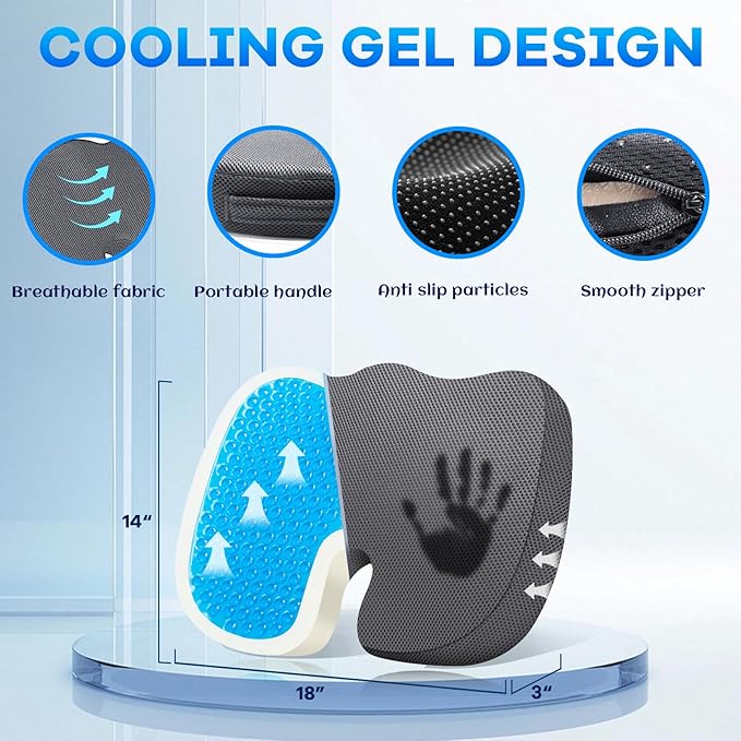 Gel-Infused Desk Chair Cushion & Memory Foam Lumbar Pillow for Sciatica Pain Relief,Breathable Mesh Cover with Non-Slip Base,Adjustable Straps and Portable Handle for Office Seat Cushion,Grey