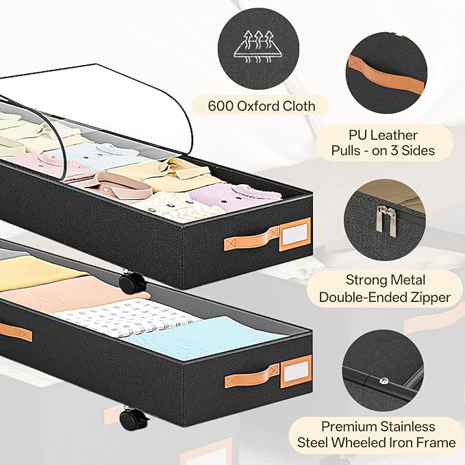 Under Bed Storage with Wheels 39inch, Extra Long Underbed Storage Containers 60L Large Capacity Rolling Under Bed Storage with Clear Lids,XXL Shoe Organizer Under Bed for Bedroom, Closet, Drawers,Toys