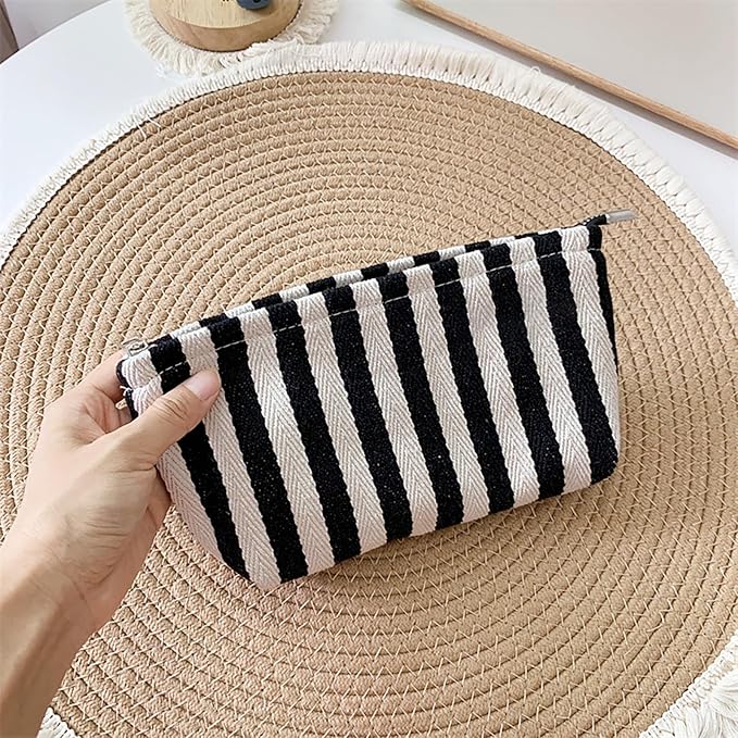 HAPPYHEIDI Small Black White Stripe Makeup Brush Bag Zipper Pouch Women Girls Purse Organizer,Canvas Lined, Premium Zipper