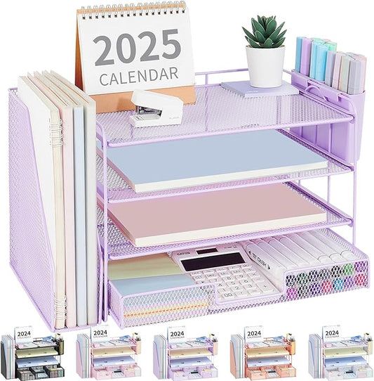 OPNICE Desk Organizer, 4-Tier Desktop File Organizer with Drawer and 2 Pen Holders, Office Desk Accessories, File Sorters, Workspace Organizers for Office Supplies(Purple)