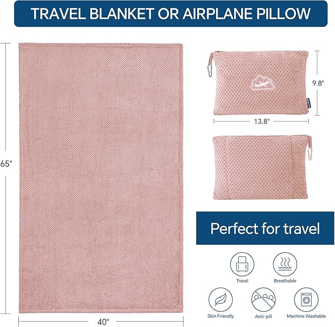 BEDELITE Travel Blanket with Bag, Ultra-Soft Jacquard Fleece Blanket with Luggage Sleeve & Backpack Clip, Airplane Blanket Travel Essentials, Pink