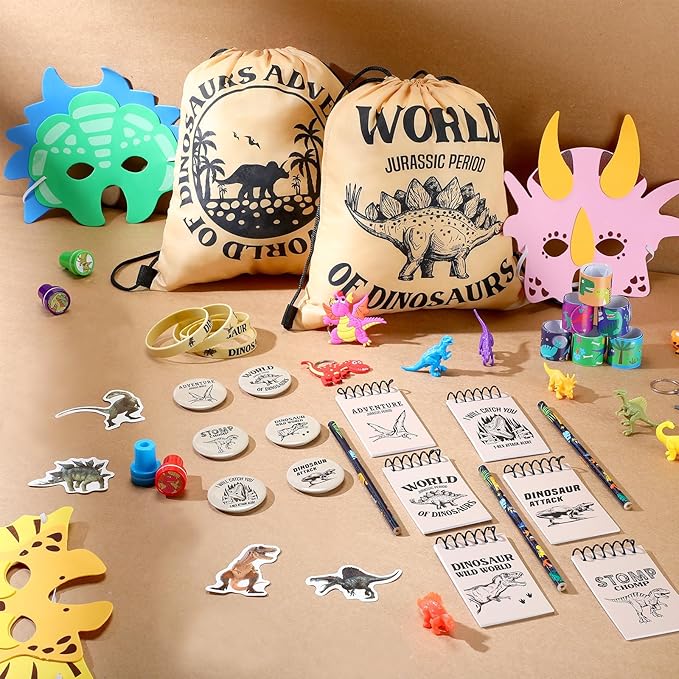 139 Pcs Dinosaur Party Favors Include Dinosaur Party Favors Bags Silicone Wristbands Dino Figure Masks Badges Notebooks Keychains Bracelets Pencils Tattoos Dinosaur Toys Stampers Dinosaur Stickers