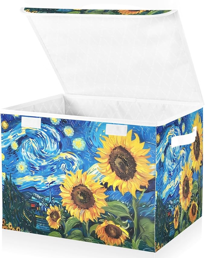 senya Large Storage Bins with Linen Collapsible Foldable Storage Cubes Fabric Closet Organizer Containers box with Flip-Top Lid for Home Bedroom Office 16.7 x 12.6 x 11.8in (Sunflowers Sky)