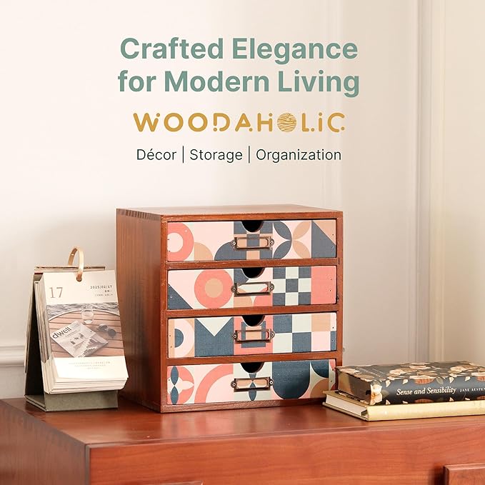 Mid-Century Modern Geometric Pattern Desk Organizer - Earth Tone Desktop Storage with 4-Drawer - Retro Modern Wood Cabinet for Office Supplies, Craft Tools, & Home Organization - MCM Drawer Unit