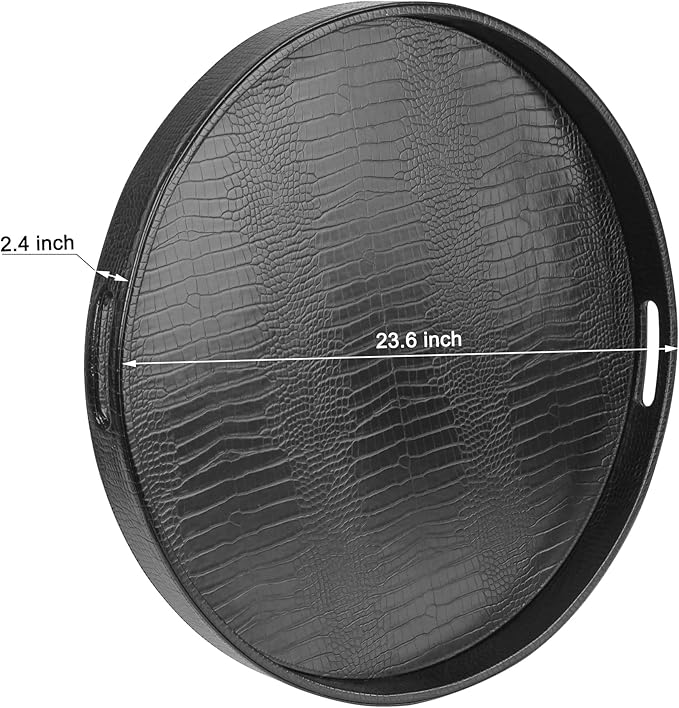 HofferRuffer Extra Large Round Serving Tray, Elegant Faux Leather Circle Ottoman Table Tray with Handles, Serve Tea, Coffee or Breakfast in Bed, Diameter 23.6 x 2.4 inches Height (Black)