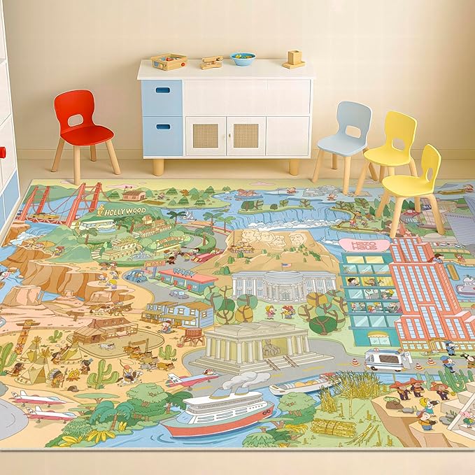Large 8x10 Kids Rug – North America Geography Carpet with Landmarks, Wildlife & U.S. Presidents – Giant Educational Play Mat for Homeschool, Daycare, Classroom, or Pretend Play Area