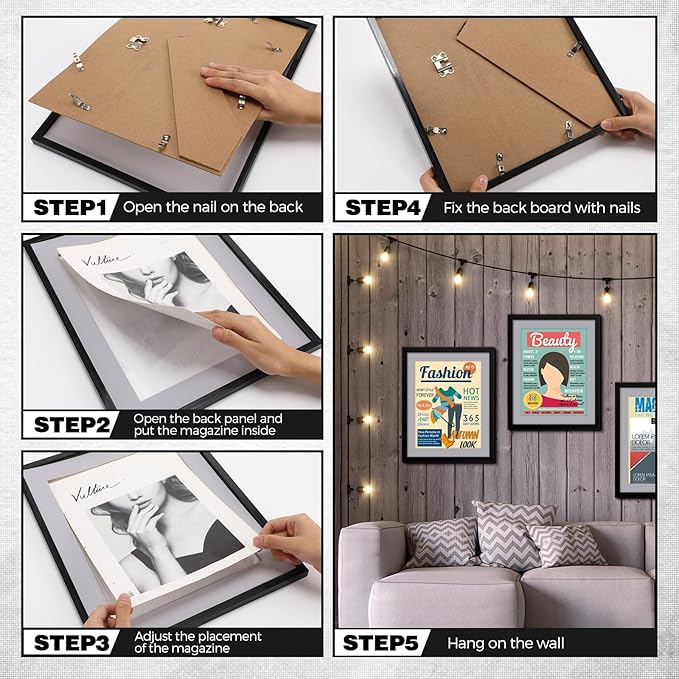 Geetery 4 Pcs Sports Magazine Frame for Wall Fits Measuring 8.5 x 11.25" Magazine Display Frame with Installed Hangers and Core Matting Plastic Comic Book Frames for Wall Hanging(Black, Grey Mat)