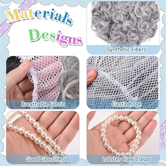 9 PCS 100 Days of School Old Lady Wig Set Include Wig Glasses Necklace Bracelet Glasses Chain Bag Cane and Stickers