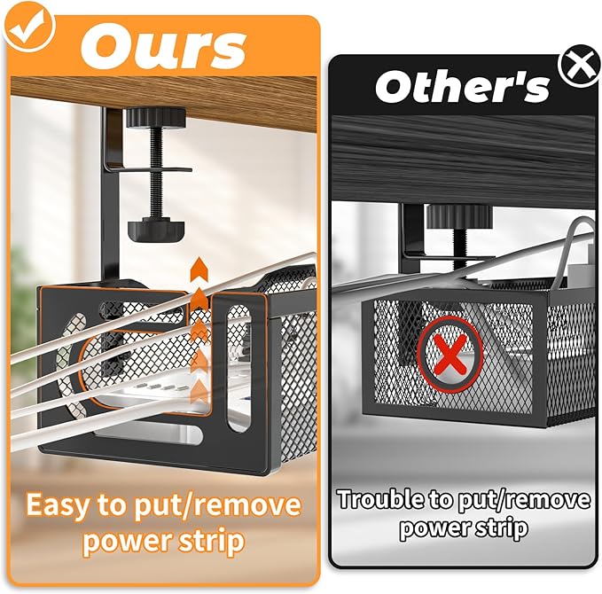 Under Desk Cable Management Tray, No Drill Steel Desk Cable Organizers, Wire Management Tray Cable Management Rack (24.4" Length-Black)